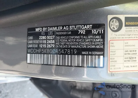 2012 Mercedes-Benz E 350 from USA, damaged, VIN WDDHF5KB0CA547819